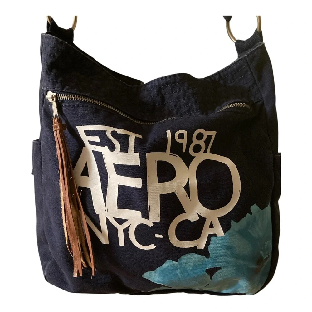 Aeropostale Blue Canvas with Beautiful Tropical Flower Tote Bag EUC